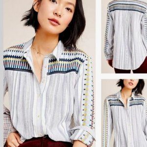 Pilcro by Anthropologie The Cate Embroidered Striped Button Up Shirt Blouse M